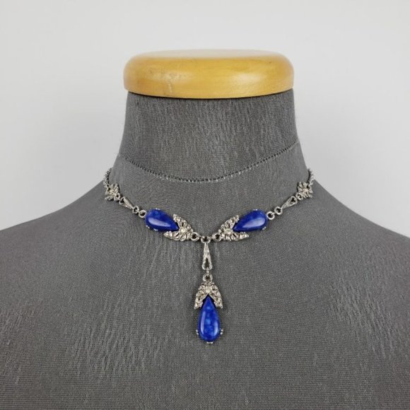 Vintage Jewelry - Vintage Silver & Blue Rhinestone Teardrop Necklace